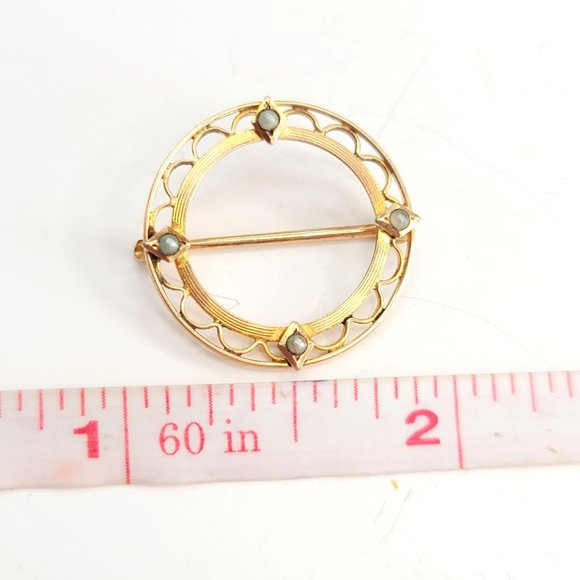 Antique Krementz 10k Gold Pin Brooch Round Seed Pearl Scalloped Double Lattice C - Picture 3 of 6